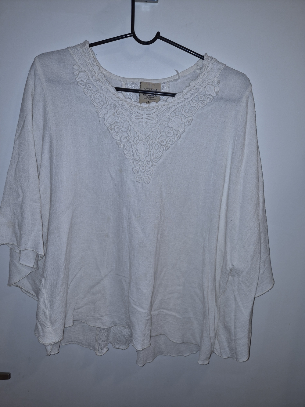 Vintage Azteca Lindo Artisan Detail White Women's Boho Butterfly Arm Top Size XL